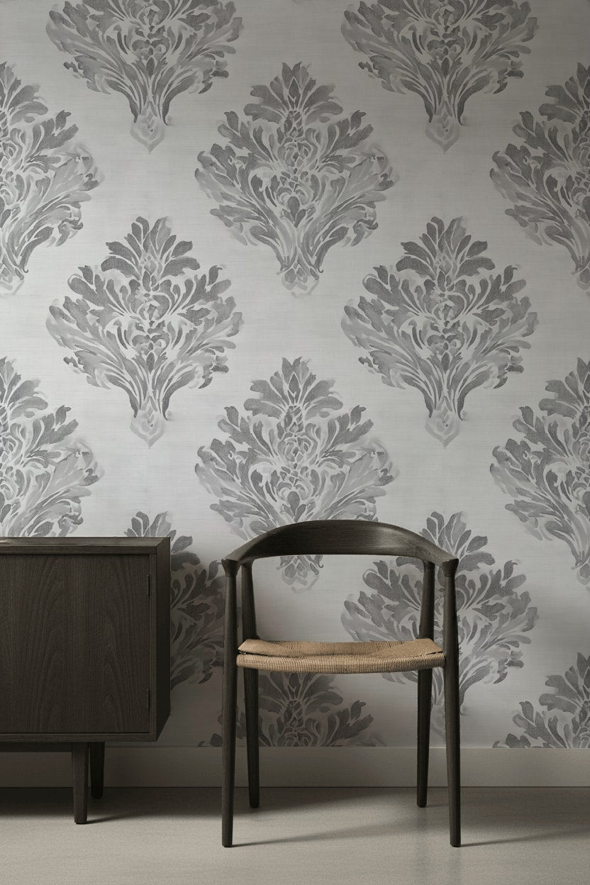 Klasik Damask Duvar Kağıdı Gri Krem Desenli Banyo