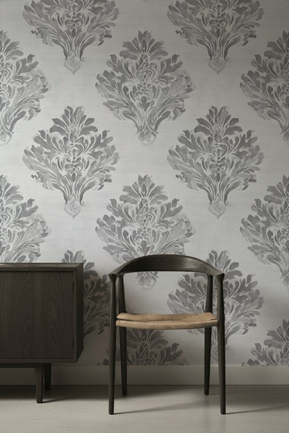 Klasik Damask Duvar Kağıdı Gri Krem Desenli Banyo