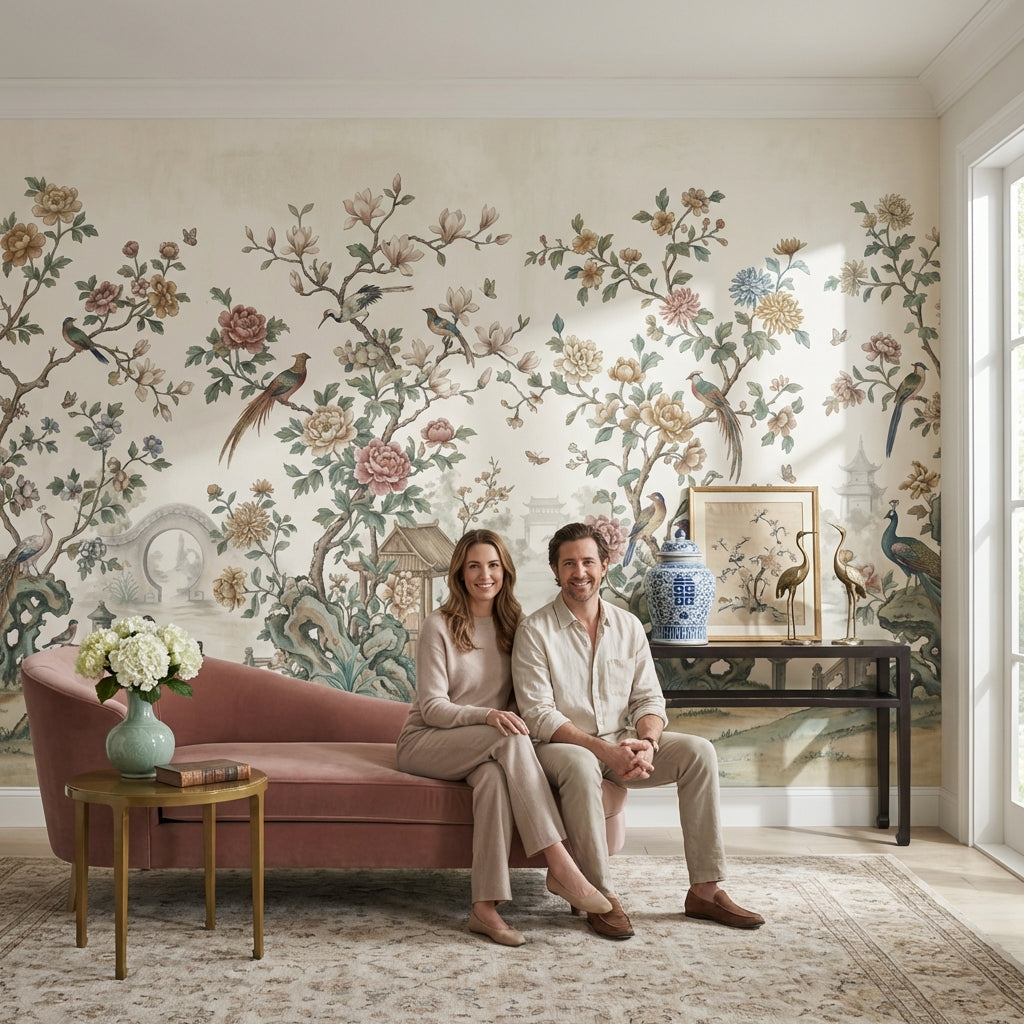 Çiçekli Kuşlu Chinoiserie Poster Duvar Kağıdı Bej Salon