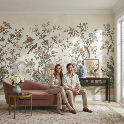 Çiçekli Kuşlu Chinoiserie Poster Duvar Kağıdı Bej Salon