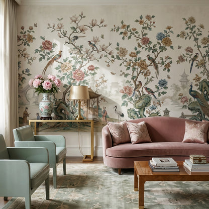 Çiçekli Kuşlu Chinoiserie Poster Duvar Kağıdı Bej Salon