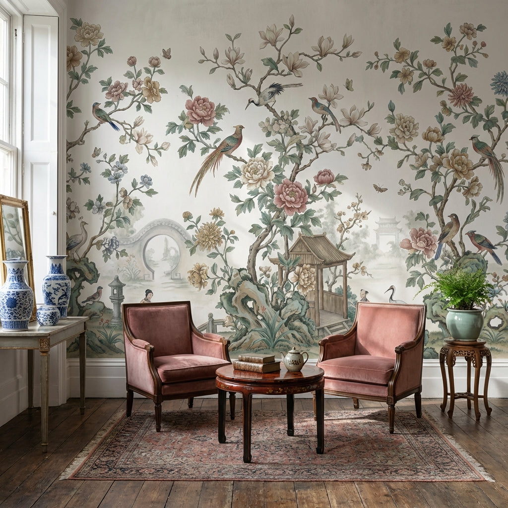 Çiçekli Kuşlu Chinoiserie Poster Duvar Kağıdı Bej Salon