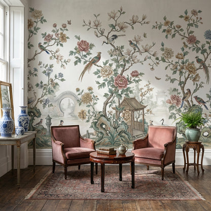 Çiçekli Kuşlu Chinoiserie Poster Duvar Kağıdı Bej Salon