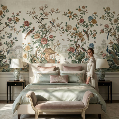 Çiçekli Kuşlu Chinoiserie Poster Duvar Kağıdı Bej Salon