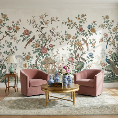 Çiçekli Kuşlu Chinoiserie Poster Duvar Kağıdı Bej Salon