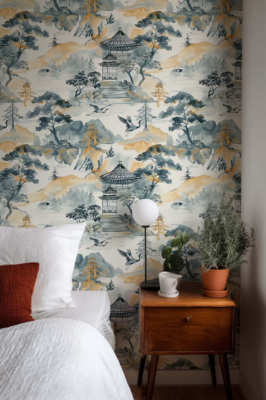 Asya Manzaralı Duvar Kağıdı Mavi Bej Desenli Salon
