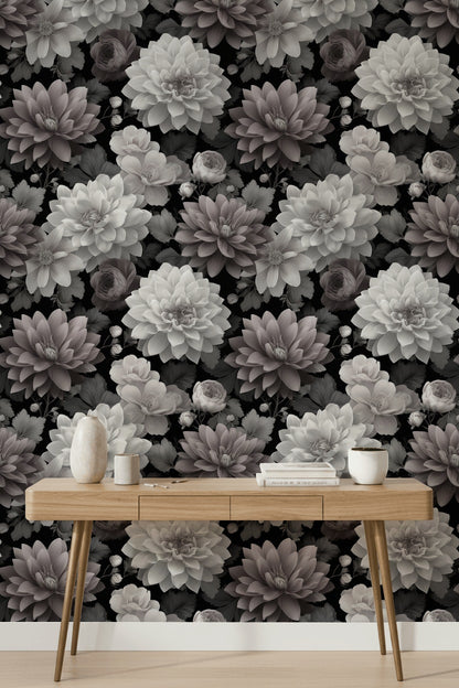 Siyah Zeminli Büyük Çiçek Desenli Duvar Kağıdı Salon