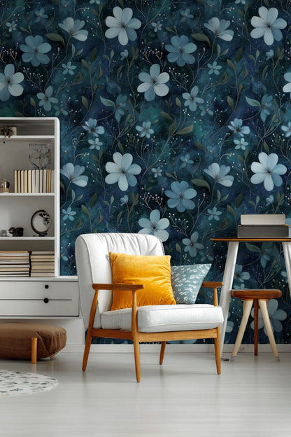Lacivert Çiçek Desenli Duvar Kağıdı Modern Banyo Dekoru