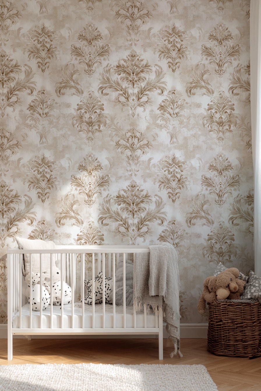 Klasik Damask Desenli Duvar Kağıdı Bej Krem Salon