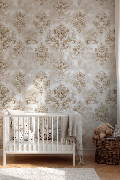 Klasik Damask Desenli Duvar Kağıdı Bej Krem Salon