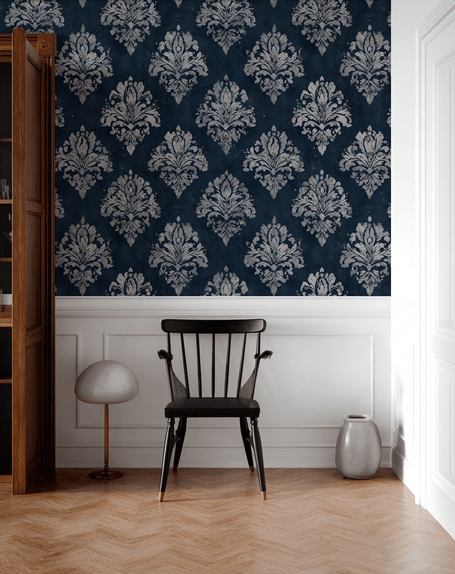 Lacivert Damask Desenli Duvar Kağıdı Klasik Salon Dekoru