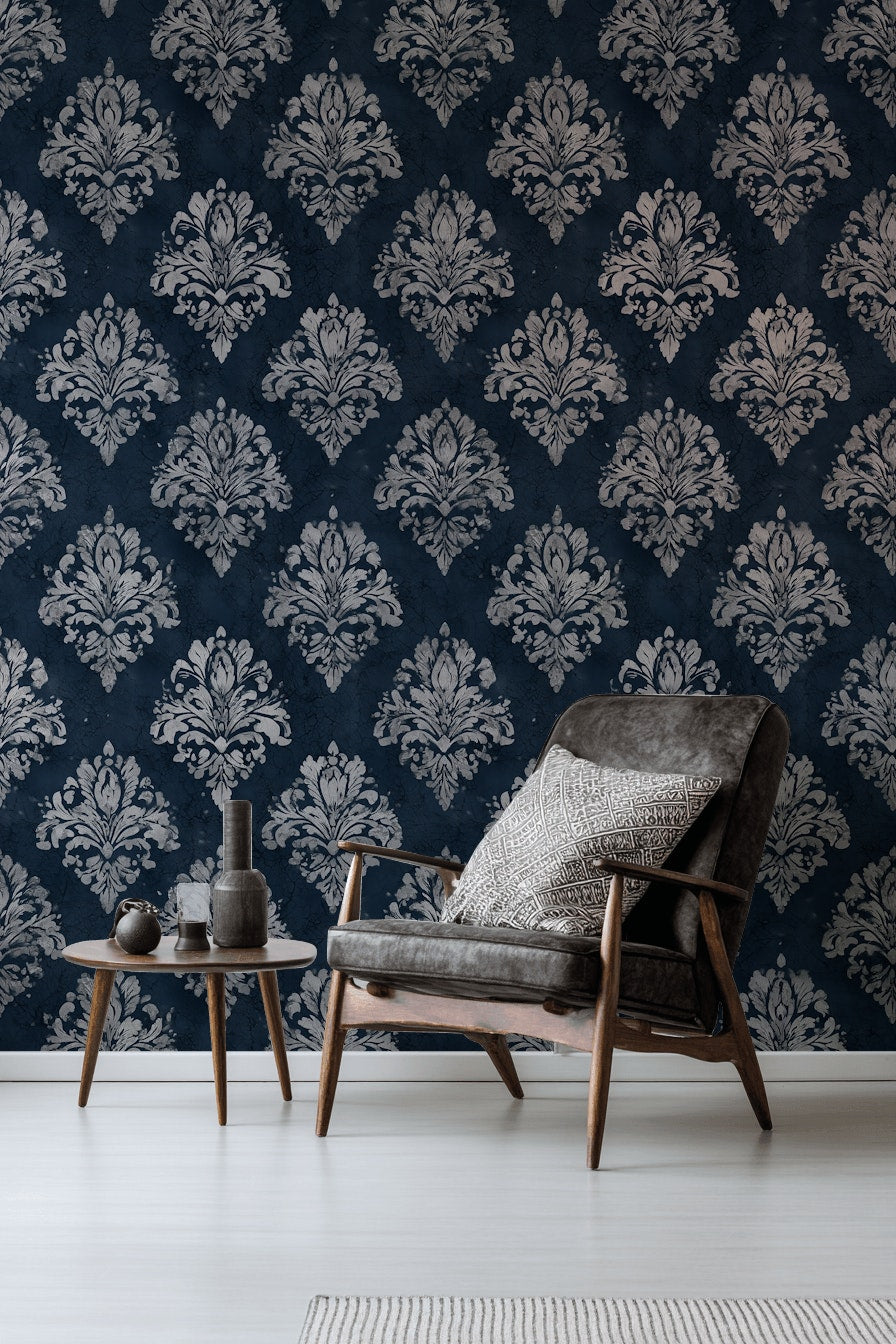 Lacivert Damask Desenli Duvar Kağıdı Klasik Salon Dekoru