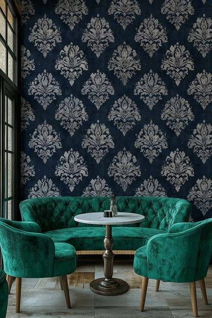 Lacivert Damask Desenli Duvar Kağıdı Klasik Salon Dekoru
