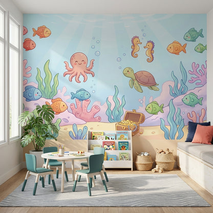Deniz Altı Hayvanlı Poster Duvar Kağıdı Çocuk Odası Pastel