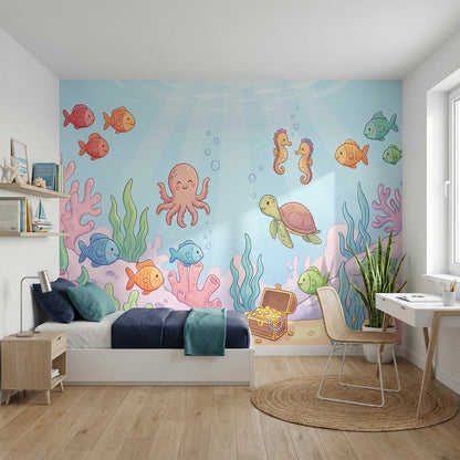 Deniz Altı Hayvanlı Poster Duvar Kağıdı Çocuk Odası Pastel