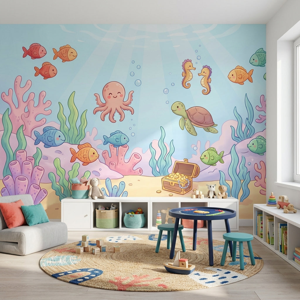 Deniz Altı Hayvanlı Poster Duvar Kağıdı Çocuk Odası Pastel