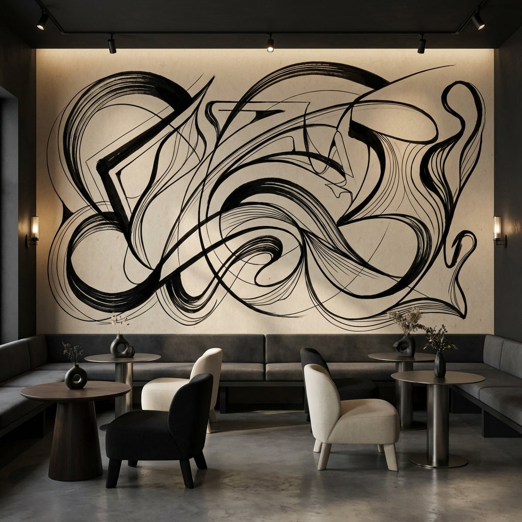 Siyah Beyaz Soyut Çizgili Poster Duvar Kağıdı Modern Salon