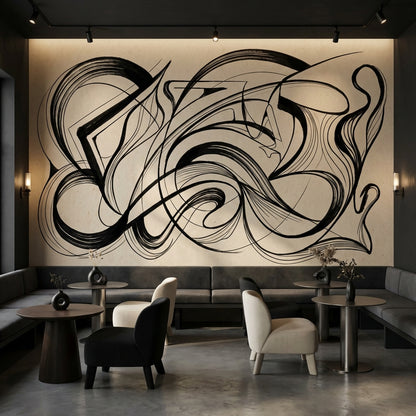 Siyah Beyaz Soyut Çizgili Poster Duvar Kağıdı Modern Salon