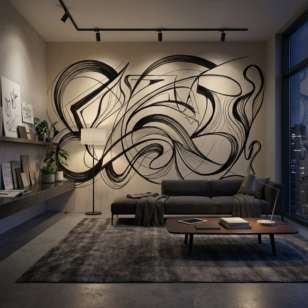 Siyah Beyaz Soyut Çizgili Poster Duvar Kağıdı Modern Salon