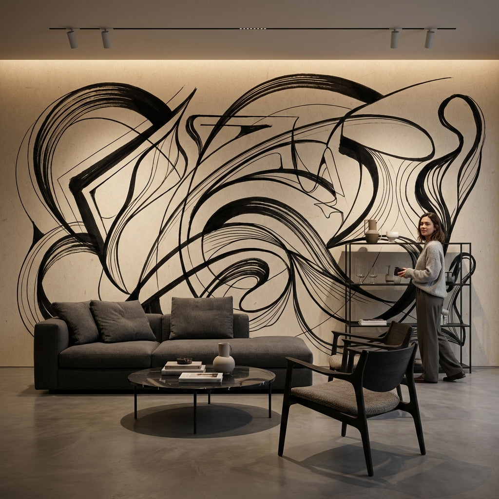 Siyah Beyaz Soyut Çizgili Poster Duvar Kağıdı Modern Salon