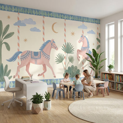 Atlı Karınca Desenli Poster Duvar Kağıdı Pastel Çocuk Odası