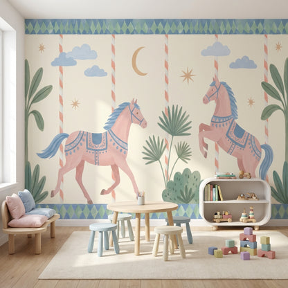 Atlı Karınca Desenli Poster Duvar Kağıdı Pastel Çocuk Odası