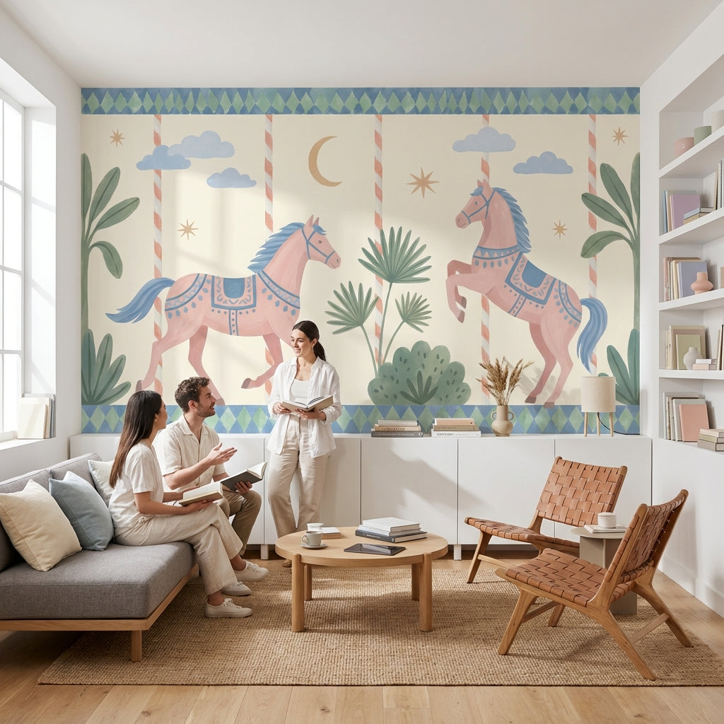 Atlı Karınca Desenli Poster Duvar Kağıdı Pastel Çocuk Odası