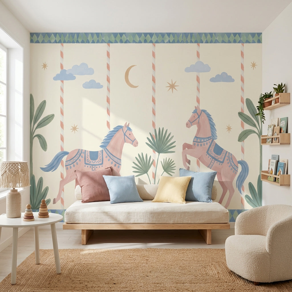 Atlı Karınca Desenli Poster Duvar Kağıdı Pastel Çocuk Odası