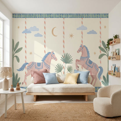 Atlı Karınca Desenli Poster Duvar Kağıdı Pastel Çocuk Odası