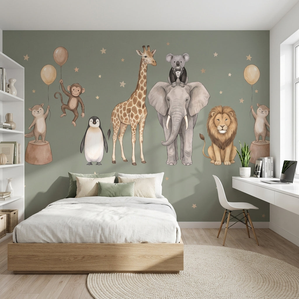 Safari Hayvanları Poster Duvar Kağıdı Yeşil Çocuk Odası Desenli