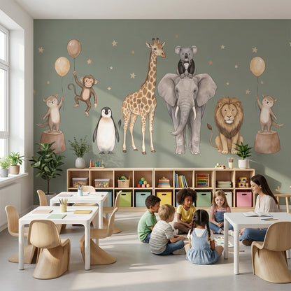 Safari Hayvanları Poster Duvar Kağıdı Yeşil Çocuk Odası Desenli