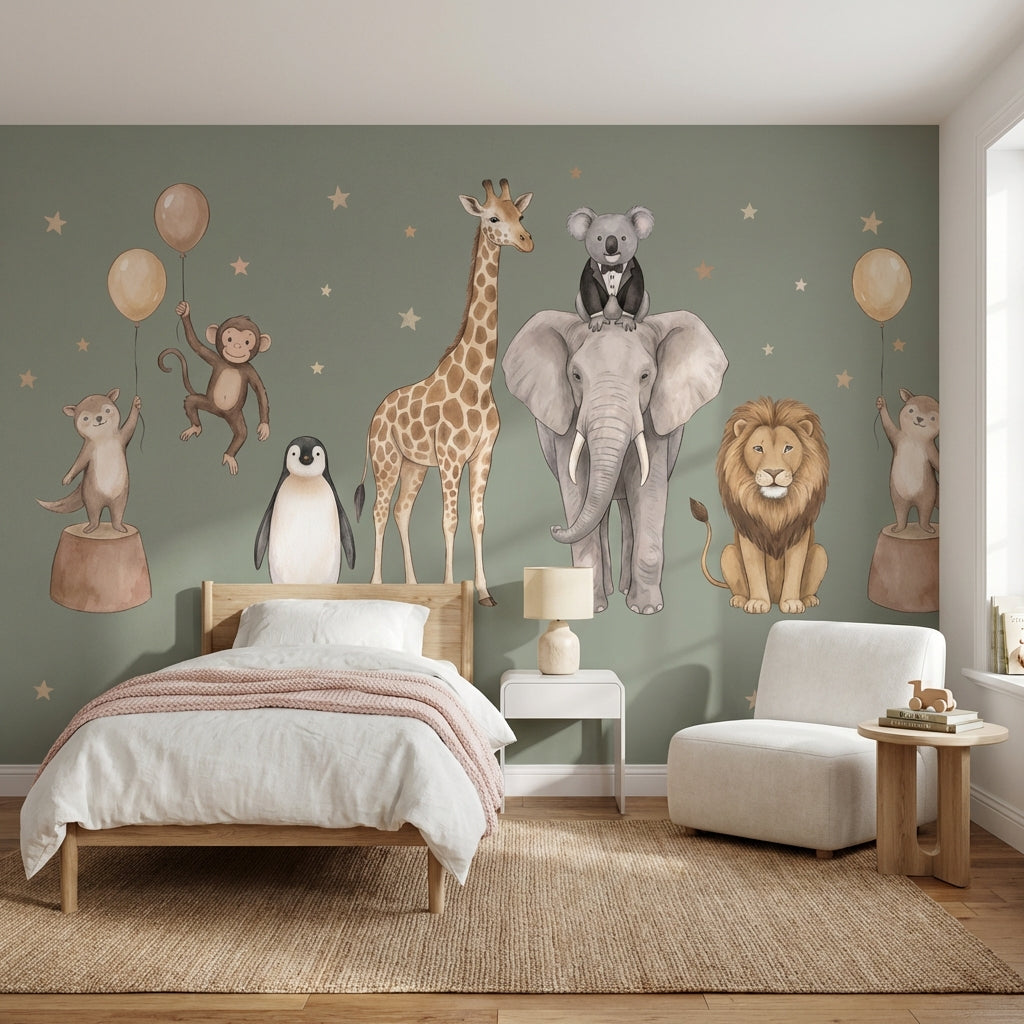 Safari Hayvanları Poster Duvar Kağıdı Yeşil Çocuk Odası Desenli