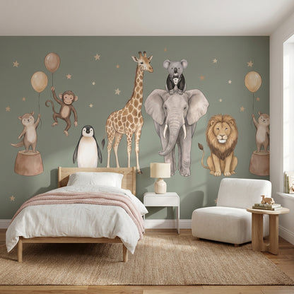 Safari Hayvanları Poster Duvar Kağıdı Yeşil Çocuk Odası Desenli