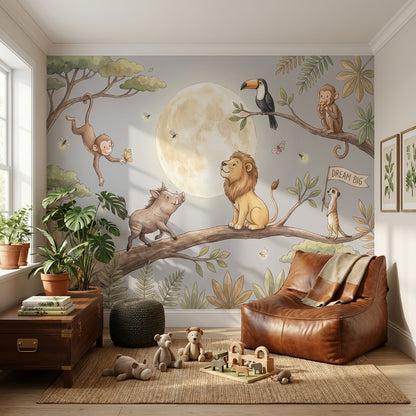 Safari Hayvanlı Poster Duvar Kağıdı Ay Temalı Çocuk Odası