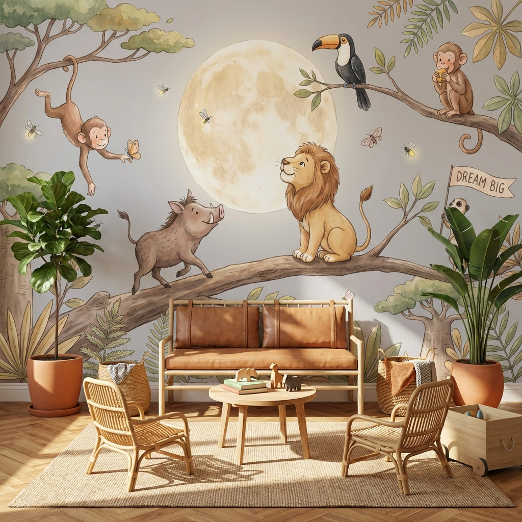 Safari Hayvanlı Poster Duvar Kağıdı Ay Temalı Çocuk Odası