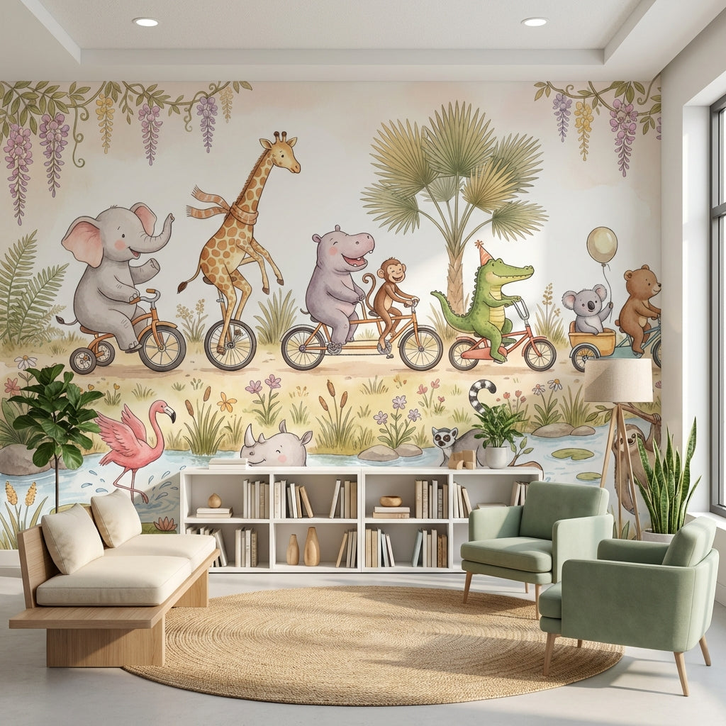 Bisikletli Safari Hayvanları Poster Duvar Kağıdı Çocuk Odası
