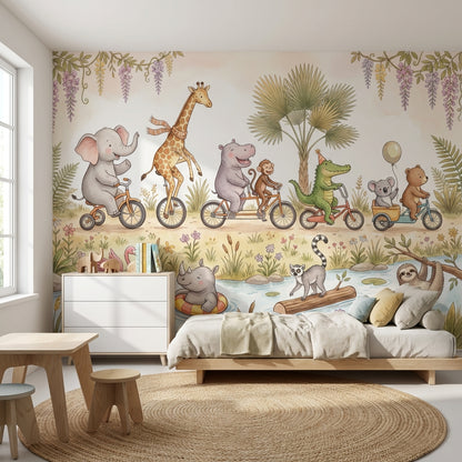 Bisikletli Safari Hayvanları Poster Duvar Kağıdı Çocuk Odası