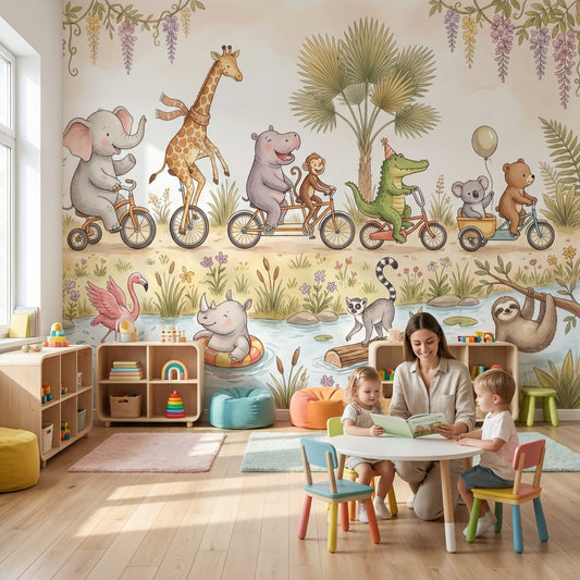 Bisikletli Safari Hayvanları Poster Duvar Kağıdı Çocuk Odası