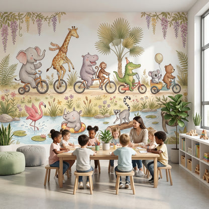 Bisikletli Safari Hayvanları Poster Duvar Kağıdı Çocuk Odası