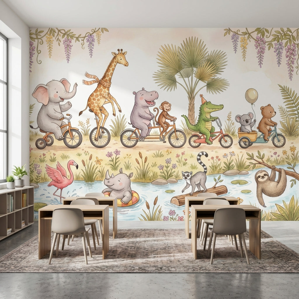 Bisikletli Safari Hayvanları Poster Duvar Kağıdı Çocuk Odası