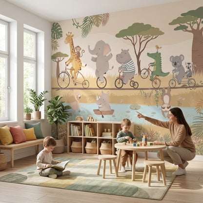 Safari Hayvanlı Poster Duvar Kağıdı Pastel Çocuk Odası Desenli