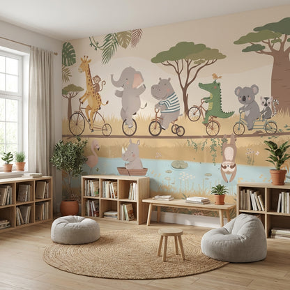 Safari Hayvanlı Poster Duvar Kağıdı Pastel Çocuk Odası Desenli