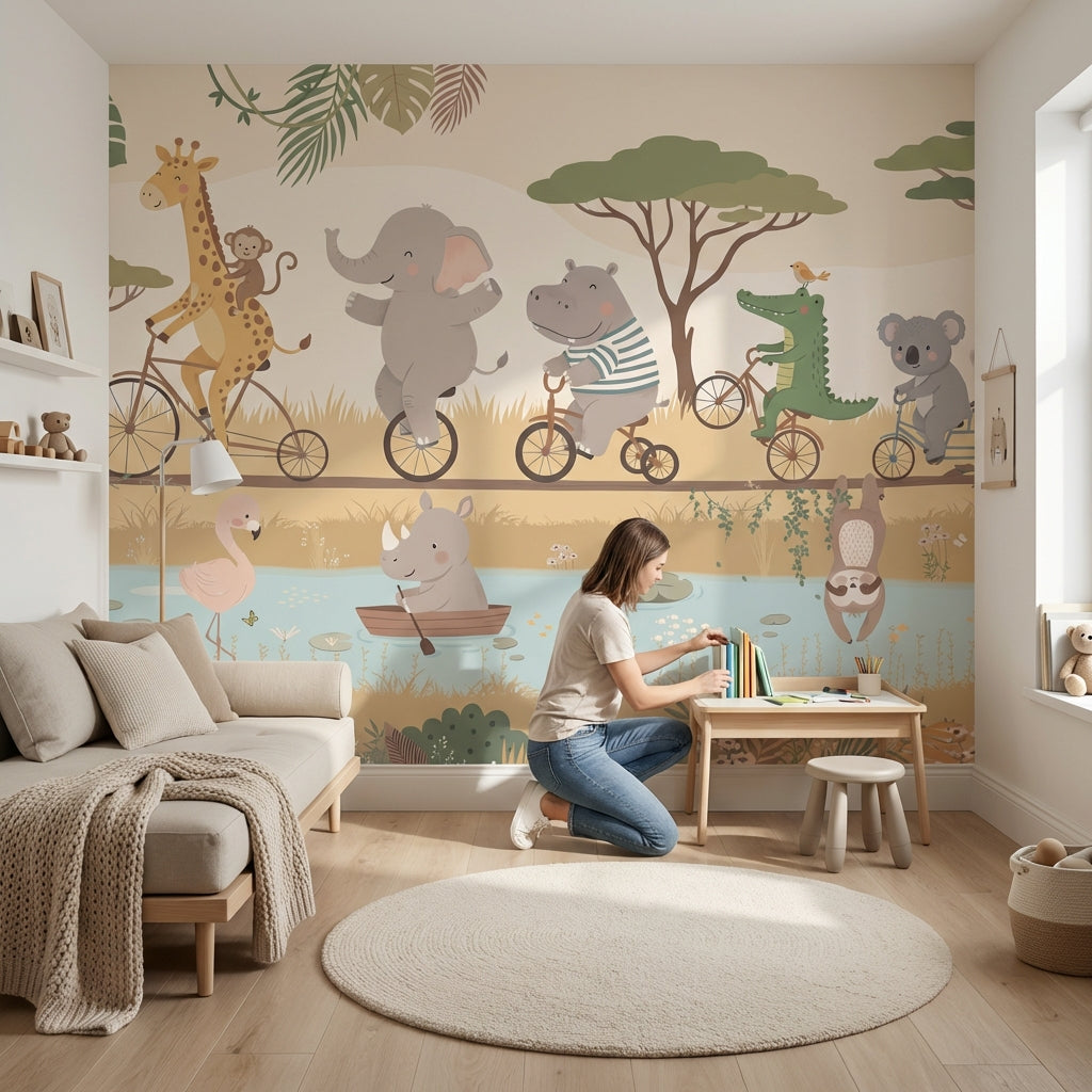 Safari Hayvanlı Poster Duvar Kağıdı Pastel Çocuk Odası Desenli