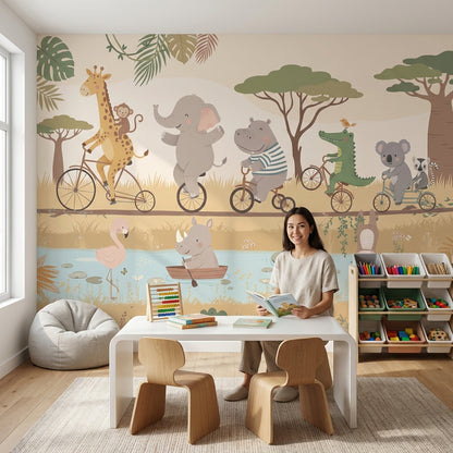 Safari Hayvanlı Poster Duvar Kağıdı Pastel Çocuk Odası Desenli