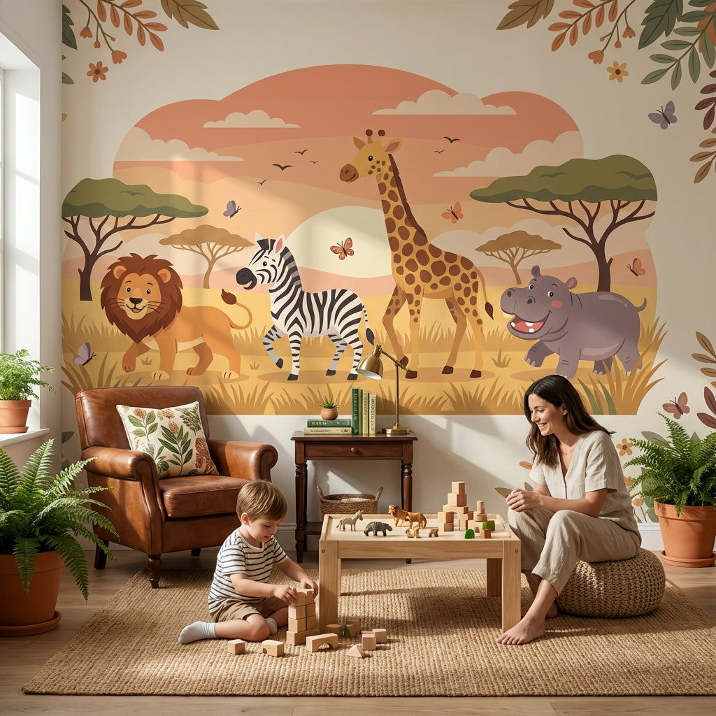 Safari Hayvanlı Poster Duvar Kağıdı Çocuk Odası Pastel Desenli