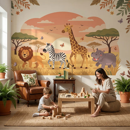 Safari Hayvanlı Poster Duvar Kağıdı Çocuk Odası Pastel Desenli