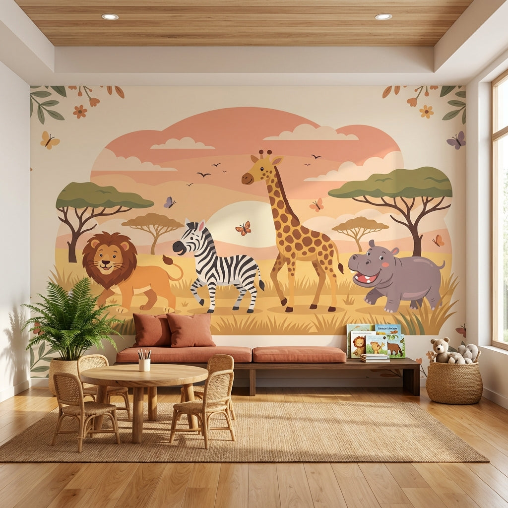 Safari Hayvanlı Poster Duvar Kağıdı Çocuk Odası Pastel Desenli