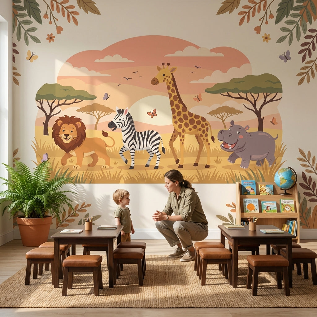 Safari Hayvanlı Poster Duvar Kağıdı Çocuk Odası Pastel Desenli