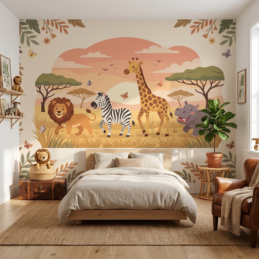 Safari Hayvanlı Poster Duvar Kağıdı Çocuk Odası Pastel Desenli