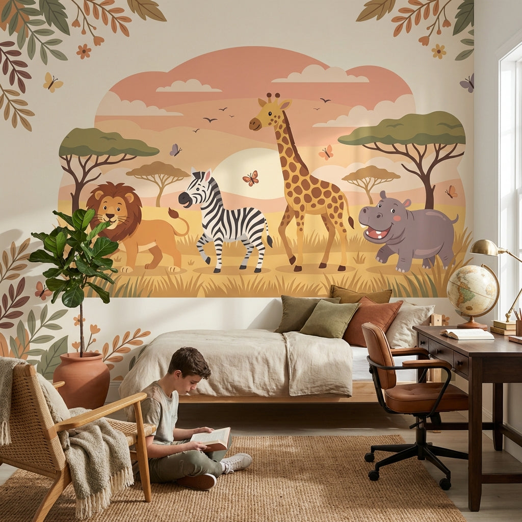 Safari Hayvanlı Poster Duvar Kağıdı Çocuk Odası Pastel Desenli